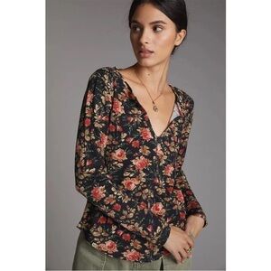 Anthropologie Pilcro Split-Neck Black Floral Motif Top, Size S